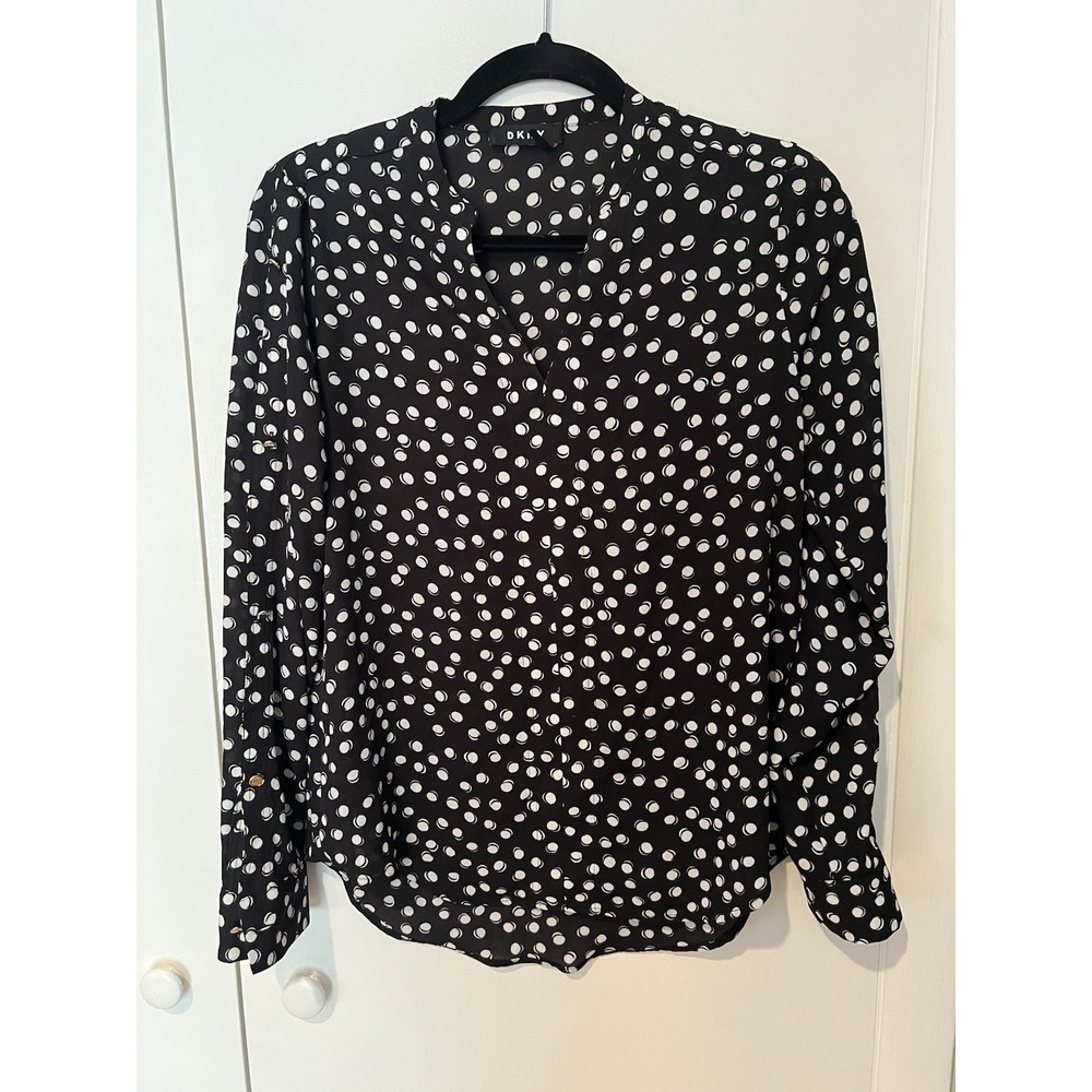 DKNY Womens Black Polka Dot Long Sleeve V Neck Top Size Medium Lightweight